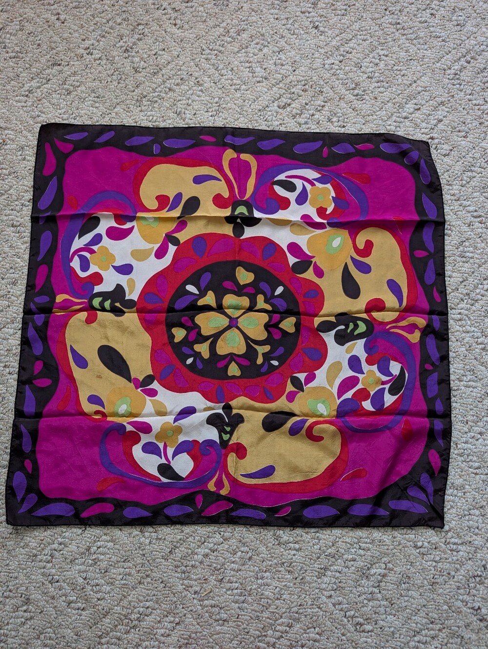 Vintage Silky Satin Floral Geometric Pattern Scarf  Adrienne Landau Style Multi